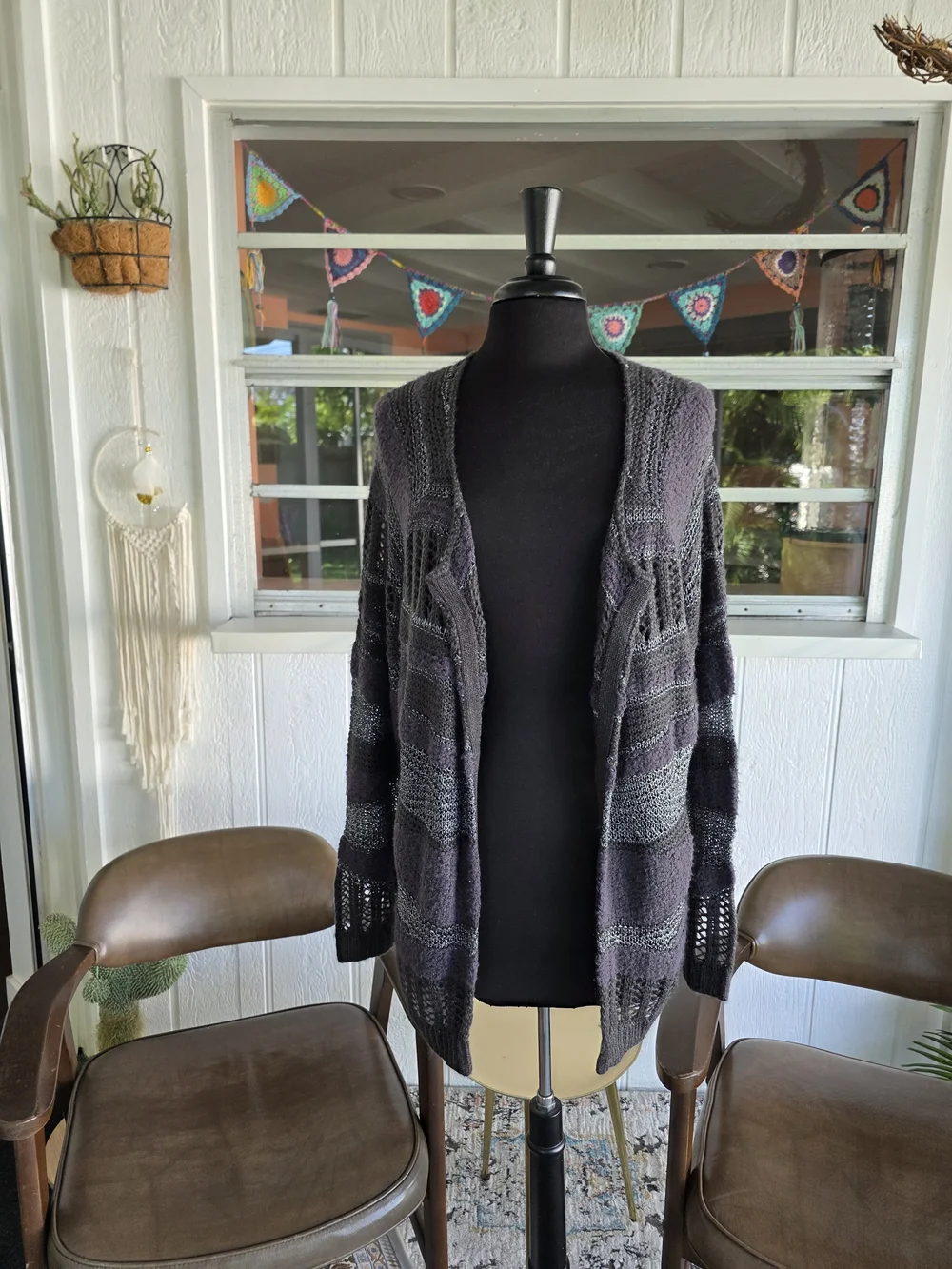 Free People XS Rare Woven Open-Front Textured Knit Cardigan Charcoal Gray